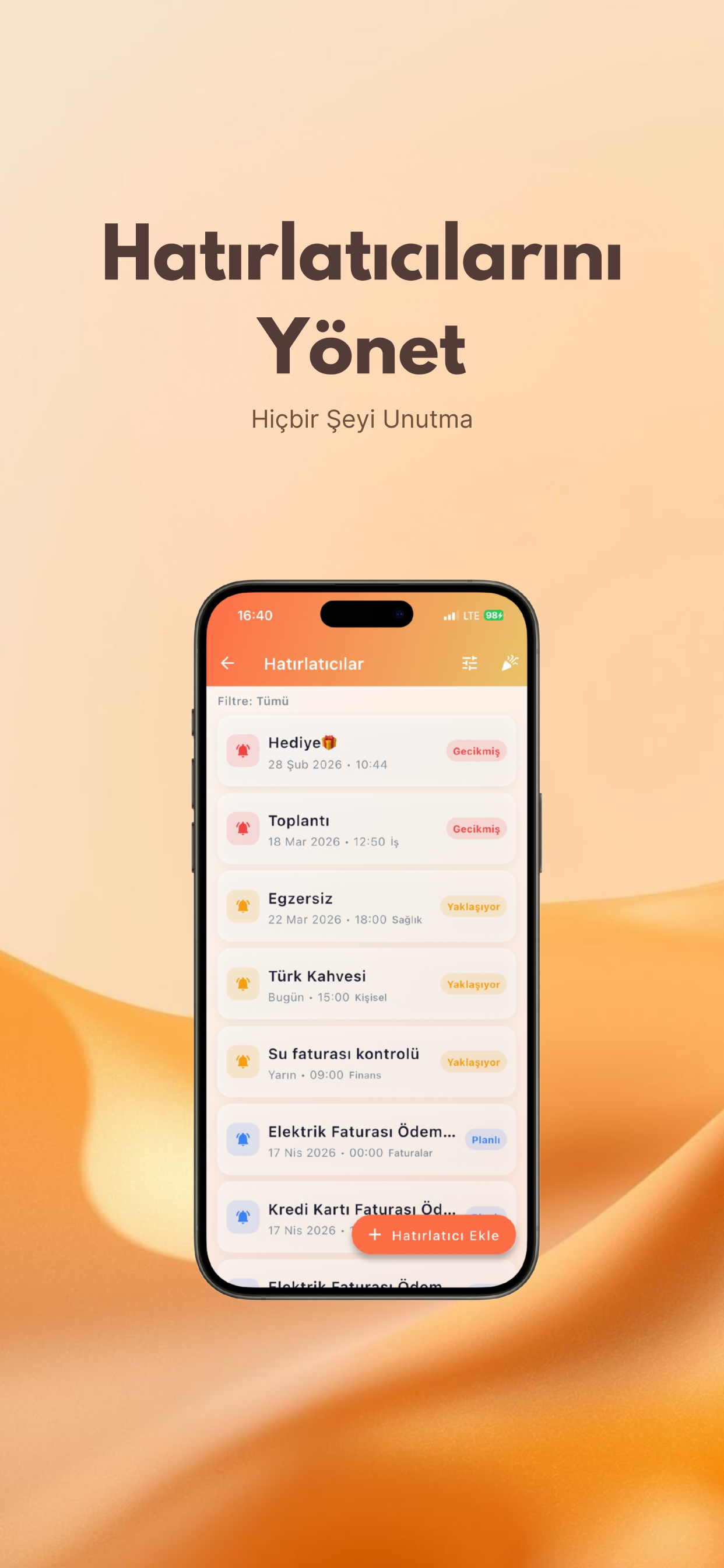 Hatırlatıcı yönetimi ekranı