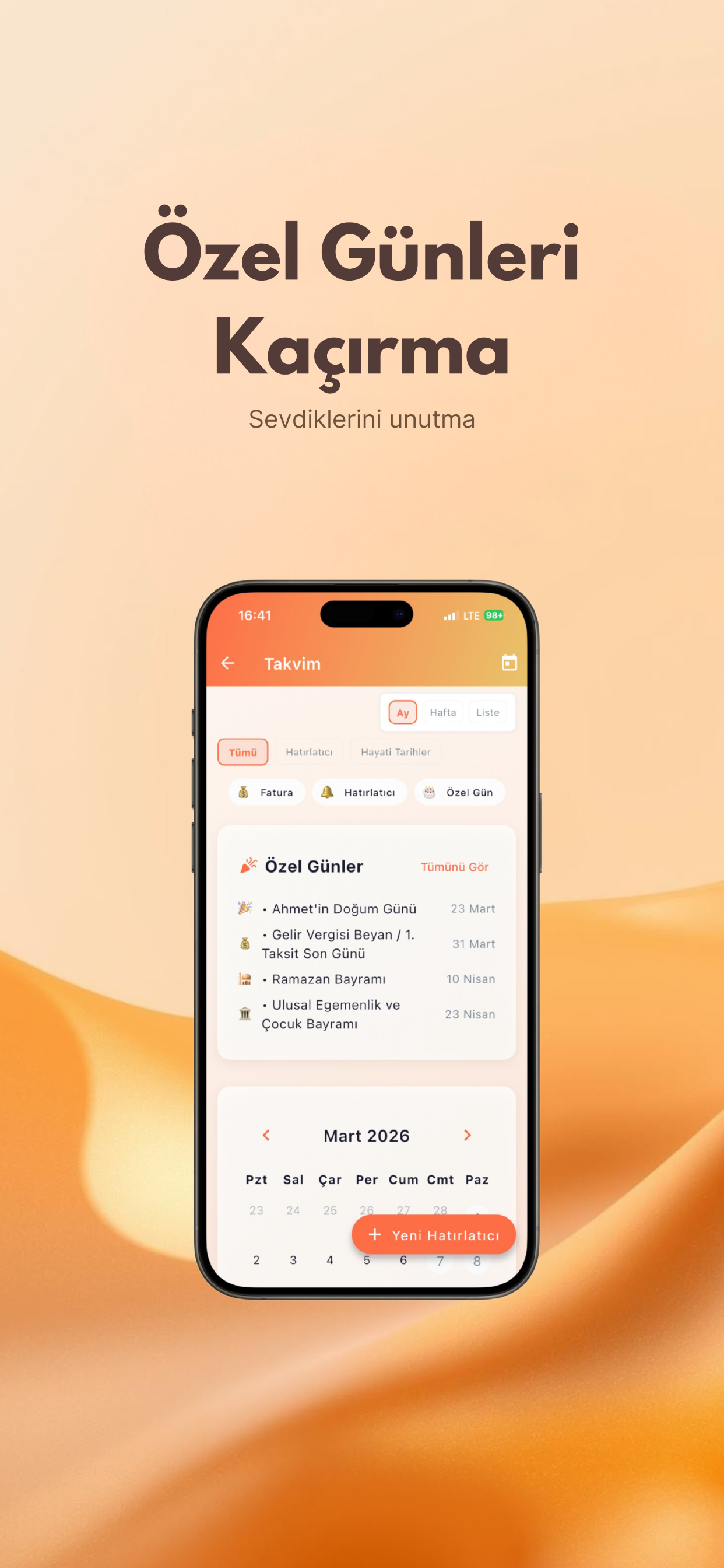 Özel günleri kaçırmama ekranı