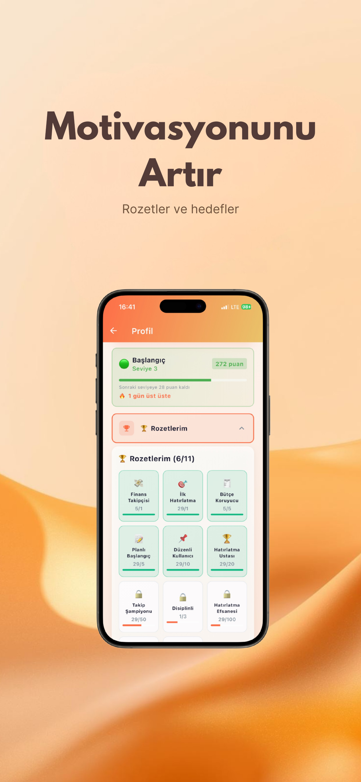 Motivasyon ve rozetler ekranı